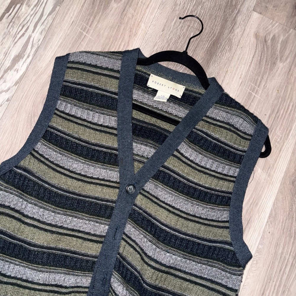 VTG Robert Stock Cardigan Sweater Men's L/G Black Gray Stripe Sleeveless Vest